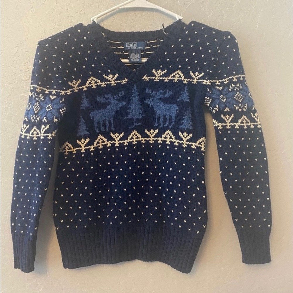POLO Ralph Lauren boys navy Pima cotton and wool reindeer sweater size 7